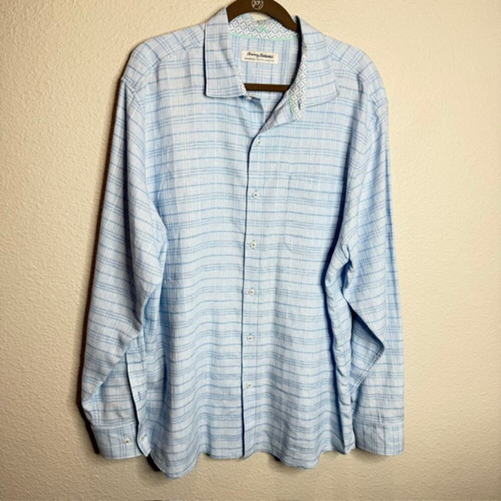 Tommy Bahama Barbados Breeze Stretch Linen Plaid Shirt XL Blue Long Sleeve - Picture 2 of 12